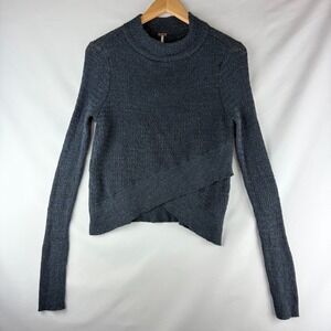 Free People Women's Cropped Wrap Front Gray Linen Knit Mock Neck Sweater Sz: S